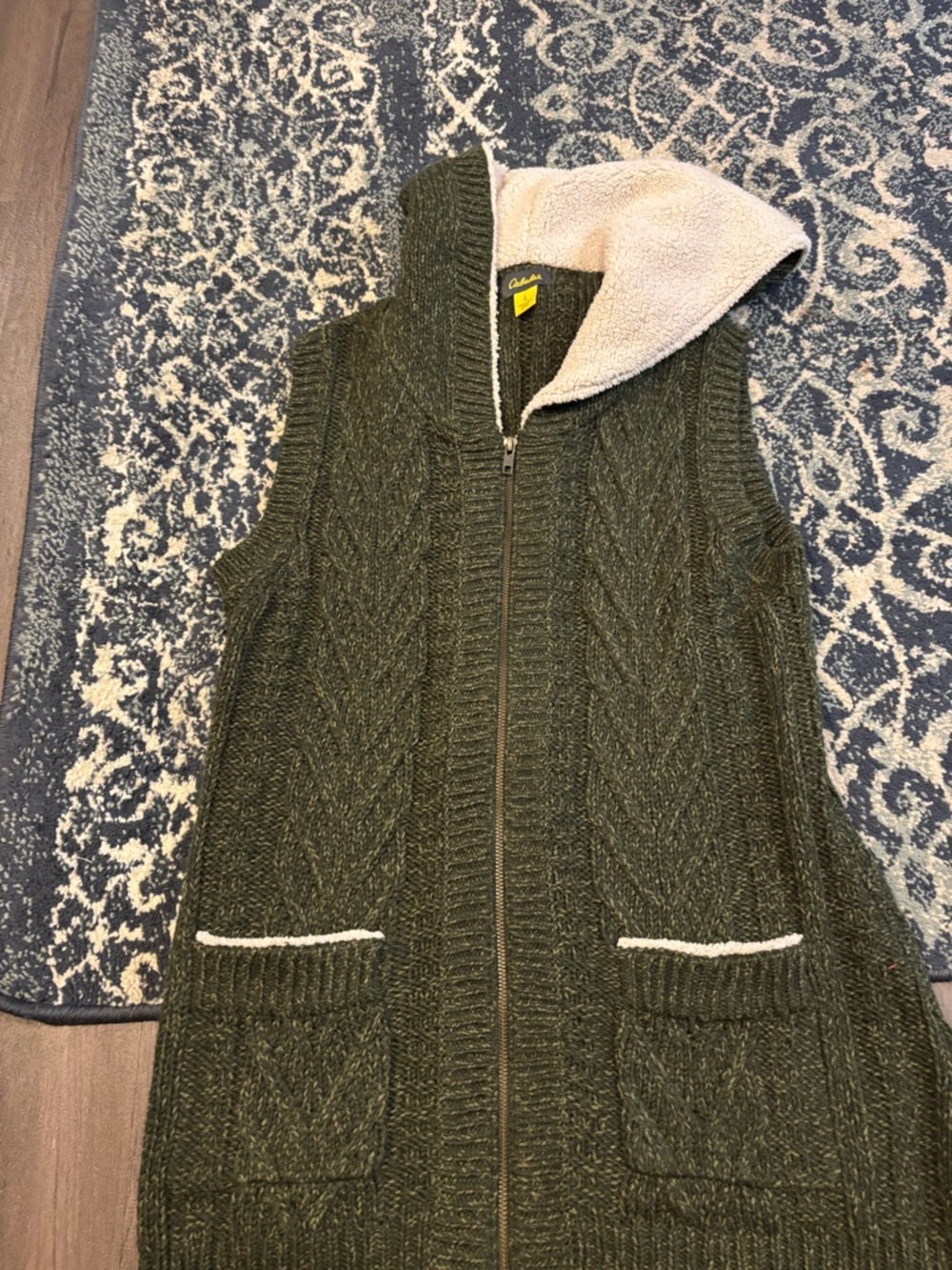 Cabela's Olive Green Cable-Knit Hooded Zip Sweater Vest with Cream Sherpa Lining